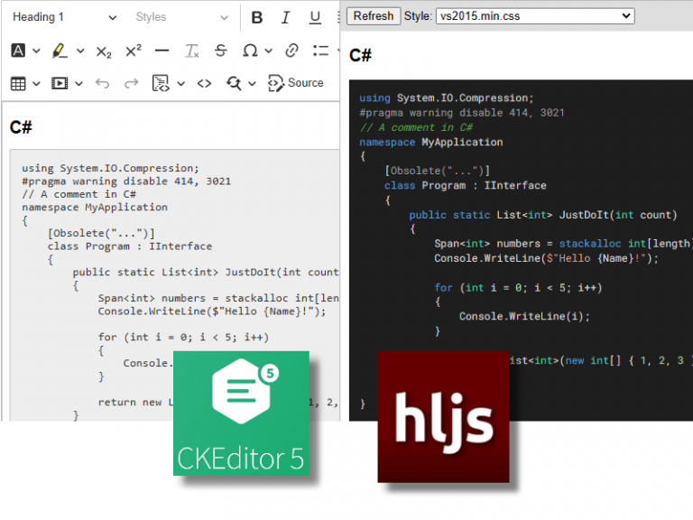 Using CKEditor 5 (with Code Block) + Highlight.js (output) in ASP.NET
